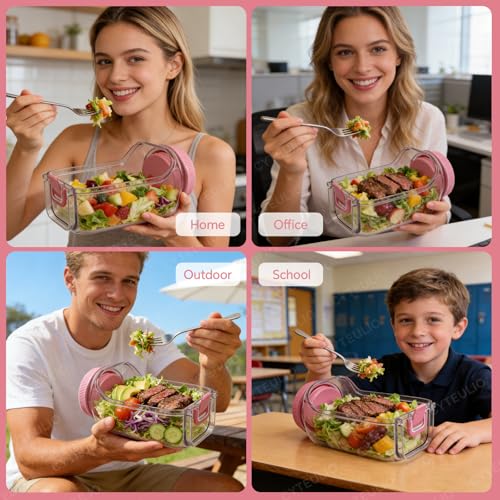Creative Salad Pod Side Open, Salad Jars with Dressing Cup for Office, Park, Travel, Outdoors. Equipped with Waterproof Cover and Ring, Sauce Box Supoort Dishwasher & Freezer. (Pink)