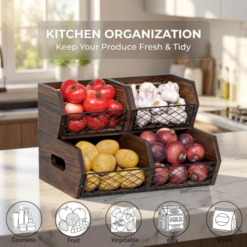Wood Potato and Onion Storage Bins, Stackable Pantry Organizer, Rustic Produce Storage Baskets for Vegetable, Fruit and Snack