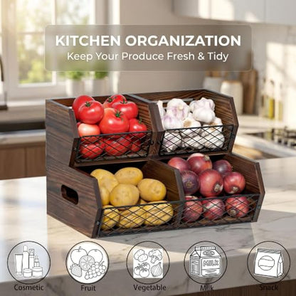 Wood Potato and Onion Storage Bins, Stackable Pantry Organizer, Rustic Produce Storage Baskets for Vegetable, Fruit and Snack