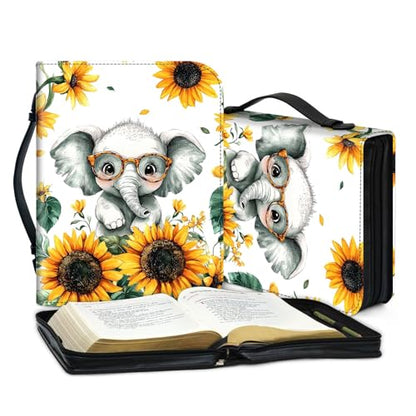 PU Leather Bible Cover with Handle & Pockets, Large Capacity Bible Case, Water-Resistant Scripture Organizer Bag with Bonus Card Holder, Christian Gift for Women & Men, Cute Baby Elephant - color: Cute Baby Elephant