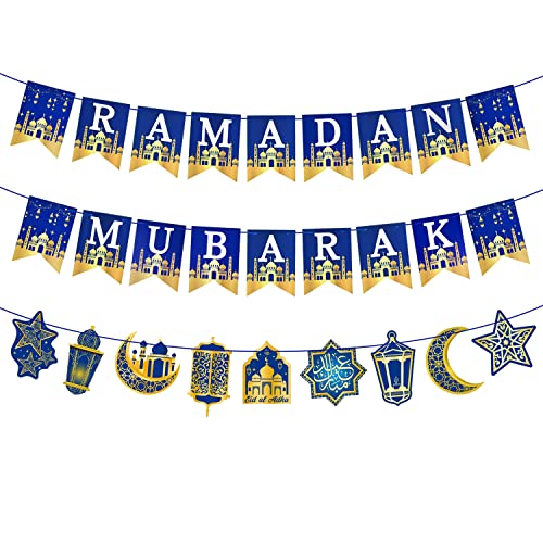AhfuLife Ramadan Mubarak Banner Decorations for Home, 3 Pcs Pre-Tied Ramadan Mubarak Bunting Banners for Muslim Party Decor, Moon Star Lanterns Garland Islamic Party Supplies - color: Ramadan Mubarak