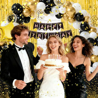 165 Pcs Black and Gold Birthday Decorations for Men and Women,Party Supplies Kit with Tablecloth,Paper Plates, Balloon, Happy Birthday Banner, Fringe Curtains, Cake Topper, Cups, for 25 Guests - style: Black and Gold