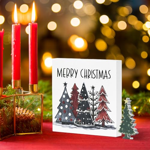 Smile 2Pcs Christmas Tree Decor Merry Christmas Square Wooden Sign | 5 x 5 Inches, Desk Table Shelf Office, Farm Decoration Kitchen - style: Christmas Trees