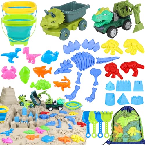 Beach Sand Toys, Sandbox Toys with 2 Dinosaur Dump Truck, Collapsible Bucket, Creative Molds, Mesh Bag, Sand Castle Play Set for Kids Ages 3-12, Outdoor Summer Beach Essentials for Building & Playing