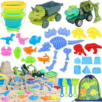 Beach Sand Toys, Sandbox Toys with 2 Dinosaur Dump Truck, Collapsible Bucket, Creative Molds, Mesh Bag, Sand Castle Play Set for Kids Ages 3-12, Outdoor Summer Beach Essentials for Building & Playing