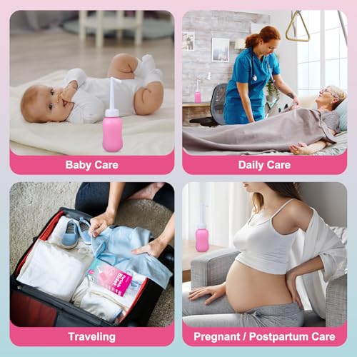 Carethetic Peri Bottle, 10oz Upside Down Portable Bidet for Postpartum Care, Perineal Cleansing with Angled Nozzle, Travel Bag, New Mom Essentials, Pink