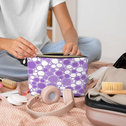 Leather Makeup Bag for Purse, Waterproof Small Toiletry Bag with Zipper, Cute Cosmetic Bags for Women, Purple White Bubble Pattern Travel Pouch - color: Purple White Bubble Pattern