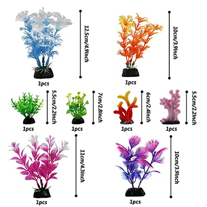 QUOZUO Fish Tank Decorations Plants with Resin Coral, 8 pcs Aquarium Decorations Small Plants Plastic, Fish Tank Accessories Aquarium Decor