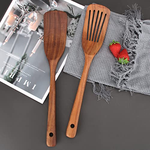 2 Pack Wooden Non Toxic Spatulas for Kitchen Utensils Set Acacia Wood Cooking Spatula Flat Wok Pancake Turner Bamboo Slotted Spoon for Cooking Utensil Spurtle Scraper Long Fish Egg Flipper Spatulas - color: 2Pcs-Natural