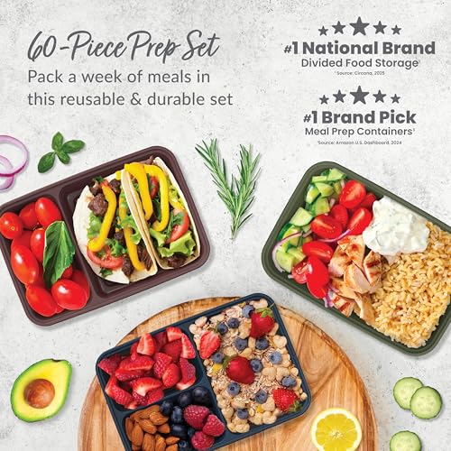Bentgo Prep 60-Piece Meal Prep Kit - Reusable PFAS & BPA-Free Food Containers, 1-Compartment, 2-Compartment, & 3-Compartments - Microwave, Freezer, & Dishwasher Safe (Rich Shades) - color: Rich Shades