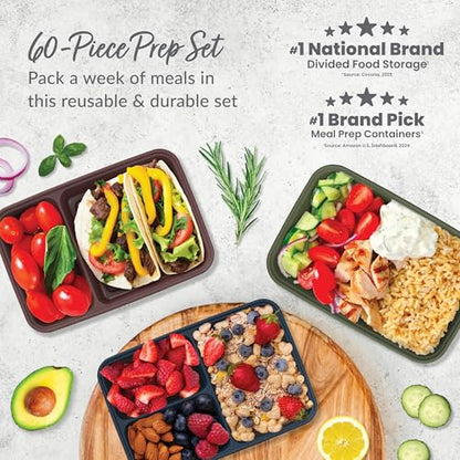 Bentgo Prep 60-Piece Meal Prep Kit - Reusable PFAS & BPA-Free Food Containers, 1-Compartment, 2-Compartment, & 3-Compartments - Microwave, Freezer, & Dishwasher Safe (Rich Shades) - color: Rich Shades