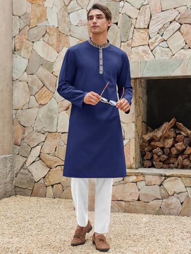Runcati Mens Cotton Kaftan Robe Long Sleeve Button Down Henley Shirts Thobe Casual Side Split Gown Shirt - color: Navy, size: Medium