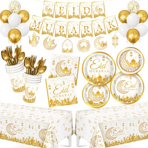 Eid Mubarak Decorations Set, 191 Pcs Party Supplies Serves 24, Cohesive Eid Decor for Family Parties, Iftar & Mosque Events White&Gold - style: White