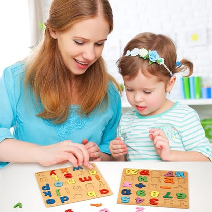 4-in-1 Wooden Alphabet Puzzle for Kids Ages 3+ – Upper & Lowercase Letters, Numbers & Shapes – Montessori Educational Learning Toy for Toddlers & Preschool – Fine Motor & Early STEM Skills