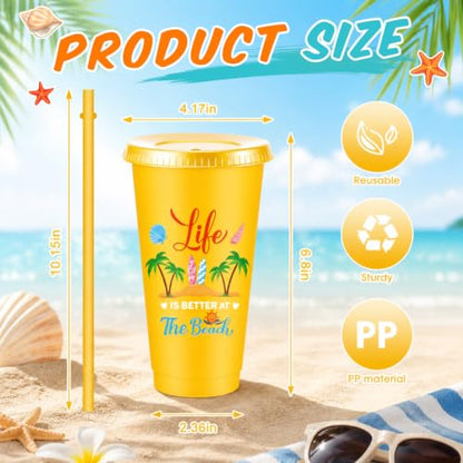 Chuangdi 12 Pcs Summer Beach Party Decoration Cups 24 oz Reusable Tumbler with Lids and Straws Plastic Drinking Cup for Beach Themed Party Favors Hawaiian Tropical Luau Pool Birthday Gifts - style: Beach Theme
