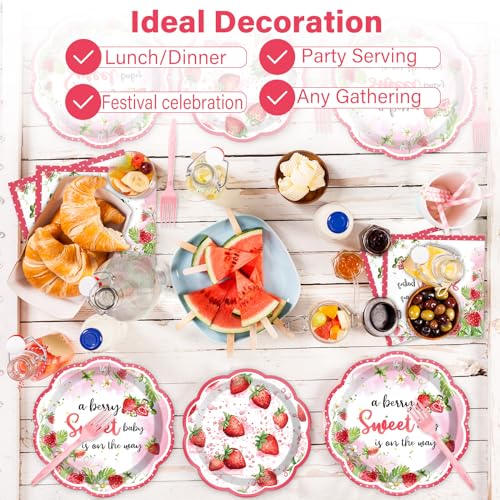 Qyeahkj 100 Pcs Strawberry Baby Shower Party Plates Napkins Forks Supplies Set Sweet Berry Tableware Party Supplies A Berry Sweet Baby Is On The Way Strawberry Dinnerware Decorations Favors Serve 25 - style: Strawberry Theme Baby Shower