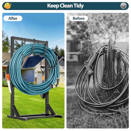 Garden Hose Holder Stand, BOLITE Heavy Duty Metal Hose Hanger, Holds 150ft | Freestanding & Detachable Water Hose Holder for Outside, 4 Spikes & 2 Tool Hooks, Storage Rack for Outside Yard Lawn Farm - style: Freestanding