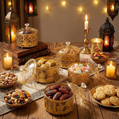 6PCS Ramadan Tray with Lid Eid Mubarak Dinner Plate Ramadan Serving Tray Muslim Islamic Dessert Trays Tableware Dessert Metal Platters Candy Storage Container Pastry Small Display Holder