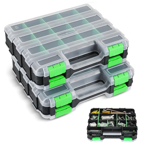 NATGAI 2 Pack Small Parts Organizers, 34-Compartments Double-Sided Tool Box | with Removable Dividers for Hardware, Screws, Bolts, Nails & Fishing Accessories, Durable Plastic Storage Case (Green) - color: Green