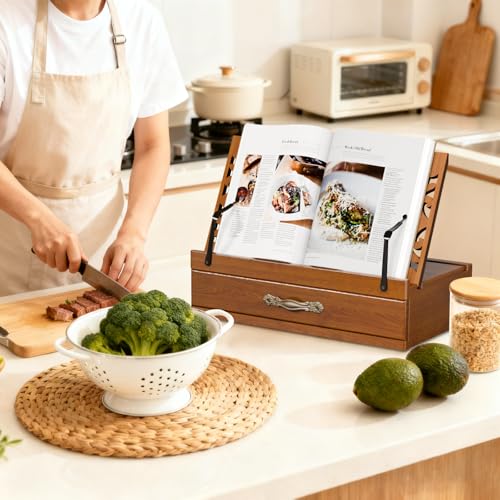 Adjustable Wooden Book Stand with Storage - Multi-Function Hands Free Book Holder for Books, Tablets & Recipes with Cup Slot, Pen Groove & Page Holder - Perfect Kitchen Counter & Gifts for Book Lovers