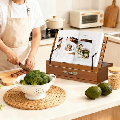 Adjustable Wooden Book Stand with Storage - Multi-Function Hands Free Book Holder for Books, Tablets & Recipes with Cup Slot, Pen Groove & Page Holder - Perfect Kitchen Counter & Gifts for Book Lovers