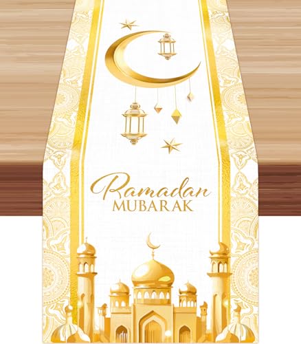 Ramadan Table Runner Gold Ramadan Mubarak Table Runners Linen Ramadan Table Runner for Home Party Table Decorations 13 X 72 Inch - color: Gold