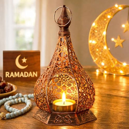 Ramadan Lantern Candle Holder for Home Decor, 9 Inch Hanging Metal Moroccan Lantern with Cutout Pattern, Ramadan Decorations for Home Tabletop Mantel, Eid Mubarak Ramadan Decor