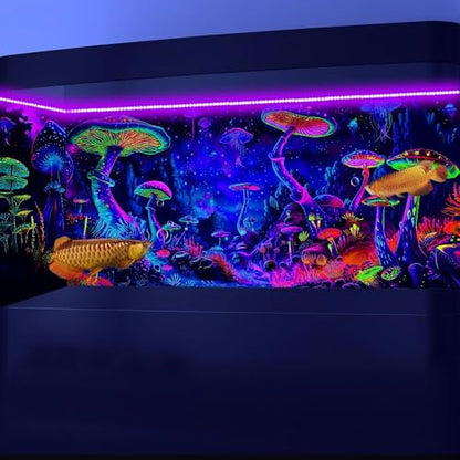 24X12IN Blacklight Mushroom Black Light Aquarium Background UV Reactive Background Starry Sky Terrarium Mushroom Theme Background with 10 EVA Double-Sided Tape - color: Violet bluish, size: 24X12in/60X30cm