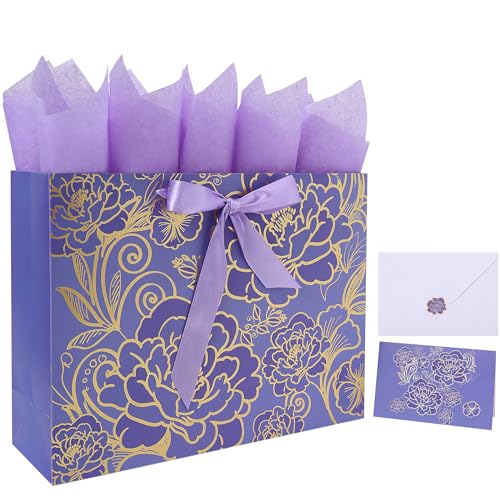 Qirrmiy 16.5" Extra Large Rose Purple Gift Bag Set with Greeting Card and Tissue Paper for Celebrating Birthdays, Mother's Day, Weddings, Anniversaries - color: (Extra Large) Purple