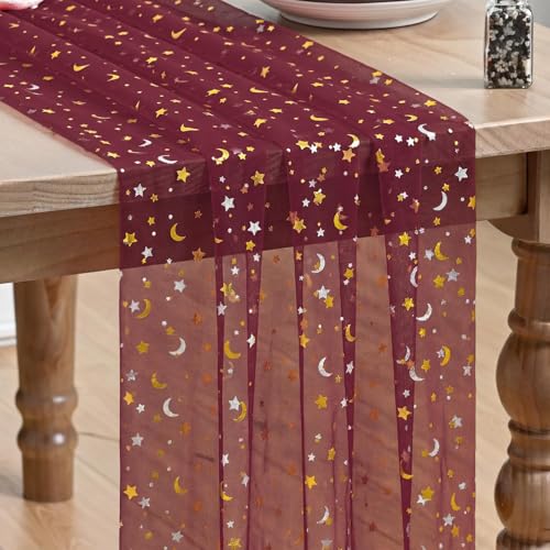Artoid Mode Burgundy Gauze Stars Moon Table Runner 10FT, Glitter Metallic Foil Sheer Dining Wedding Anniversary Holiday Birthday Table Decor for Home Party - color: Burgundy