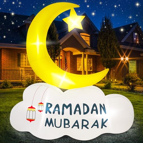 6FT Ramadan Decorations Inflatable Outdoor, Eid Mubarak & Ramadan Mubarak Moon Cloud Star Decor with Built-in LED Lights, Muslim Islamic Blow Up for Home Yard Garden Party Lawn
