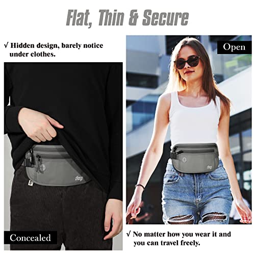 MoKo Travel Money Belt with RFID Blocking, 3 Pockets, Gray | Slim 210D water-resistant nylon design fits discreetly under clothing; adjustable strap fits 28-50 in waists - color: Gray, size: Waist for 28"-50"