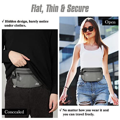 MoKo Travel Money Belt with RFID Blocking, 3 Pockets, Gray | Slim 210D water-resistant nylon design fits discreetly under clothing; adjustable strap fits 28-50 in waists - color: Gray, size: Waist for 28"-50"