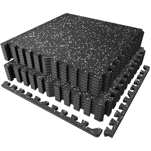0.56" Rubber Top Gym Flooring, Heavy Duty Interlocking Gym Mats for Home Gym, Non-Slip Workout Mat, 24 x 24in Large Gym Floor Mat, Protect Floors from Weights & Equipment, 48 Sq Ft, Black/Grey - size: 12 Tiles (48 Sq Ft)