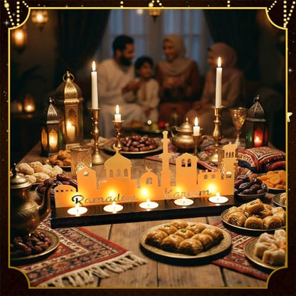 MorningRo Ramadan Kareem Decorations Islamic Candle Holder with 5 Tea Candles Eid Mubarak Metal Sign with Wood Base Ramadan Kareem Table Centerpieces Eid Al Fitr Muslim Party Gifts - style: Elegant