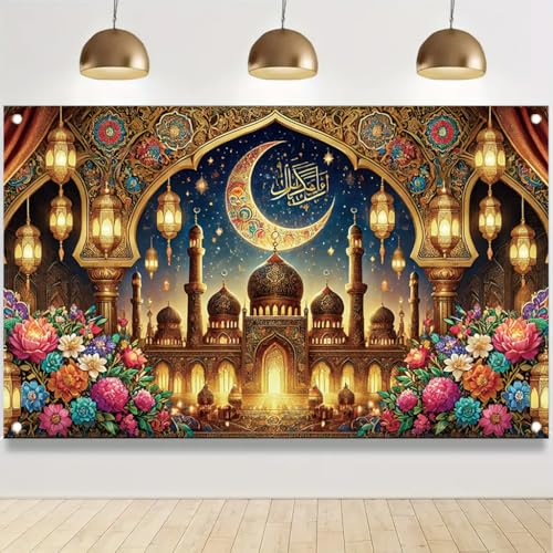 Ramadan Mubarak 71x43 Inch Banner lslamic Eid Decoration Golden Mosque CrescentMoon Floral Lantern Party Decor for Indoor Outdoor Celebration - color: Gold-White