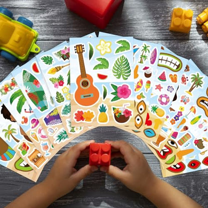 Summer Stickers, Hawaii Make a Face Sticker, Aloha Tiki Totem | 24 Sheets Make Your Own Beach Tropical Cartoon Mix and Match Stickers Hawaiian Coconut Tree Summer Luau Party Favors - style: Summer Stickers
