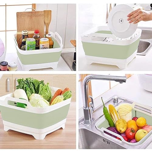 9L (2.4Gal) Dish Basin Collapsible with Drain Plug , Space Saveing Kitchen Storage Tray Dish Wash Basin, Portable Dish Tub, Foldable Dishpan for Camping ,RV,Green - color: Light Green