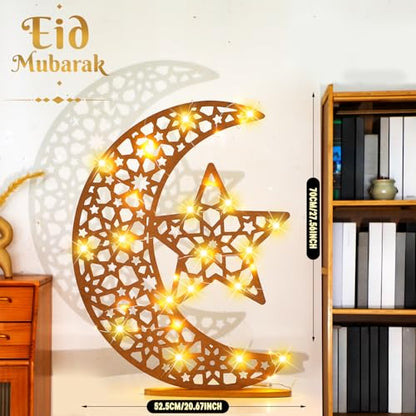 DoubleFill Eid Mubarak Ramadan Crescent Moon Star Light 27.56 x 20.67 Inches LED Wooden Ramadan Mubarak Decoration Eid Gift for Home Bedroom Floor Yard Lawn Islamic Outdoor Decor(Classic) - style: Classic