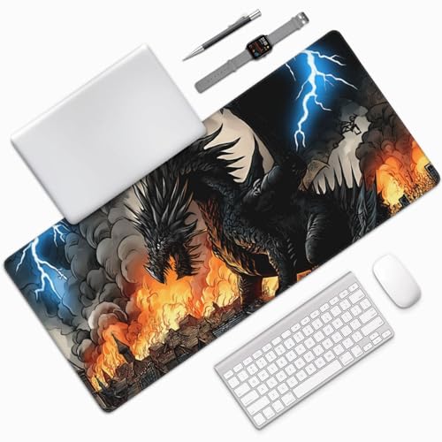 XXL Gaming Mouse Pad 35.4x15.7 Inch, Large Extended Desk Mat | Mousepad with Dragon Design, Non-Slip Rubber Base, Water-Resistant Surface and Stitched Edges for Gaming, Office & Home - color: Dragon
