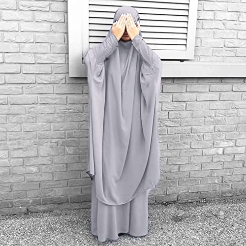 Prayer Clothes for Muslim Women Islamic Abaya Suit Maxi Skirt + Khimar Hijab 2pcss Burka Jilbab Kaftan - color: Grey