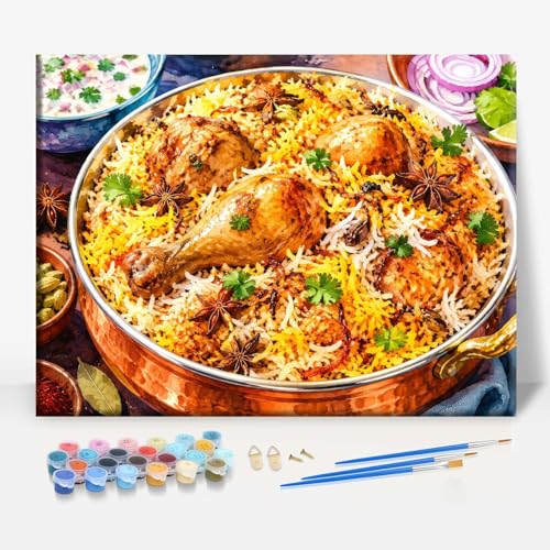Aeontinity BIRYANI Indian Rice Dish Islam Framed Canvas DIY Paint by Numbers Kit Bar Cafe Cave Home Room Wall Bathroom Porch Patio Decor Gift, 16 x 12 Inch - color: BIRYANI INDIAN RICE DISH - 16 x 12 Inch
