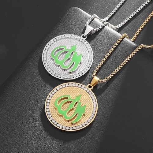 Stainless Steel Islamic Muslim Rune Allah Medal Pendant Necklace for Men Women Fashion Lucky Amulet Jewelry - color: golden