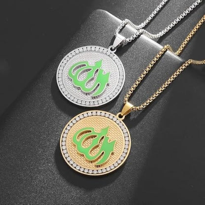 Stainless Steel Islamic Muslim Rune Allah Medal Pendant Necklace for Men Women Fashion Lucky Amulet Jewelry - color: golden