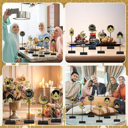 6 Pcs Ramadan Kareem Wooden Table Decors for Eid Mubarak Party Decorations Moon Star Islamic Mosque Signs Double Sided Print Tabletop Decor Eid Party Tiered Tray Decor for Islamic Allah Muslim Gifts