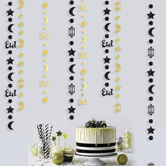 Glitter Gold Black Paper Star Moon Dot Eid Lantern Garlands Birthday Party Decorations Hanging Crescent Twinkle Star Streamer Bunting Banner for Islamic Holiday Ramadan EID Mubarak Party Supplies - color: Black Gold