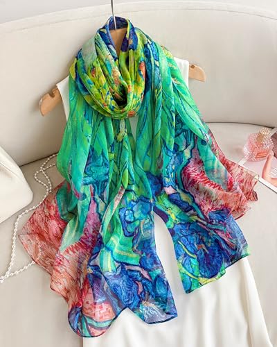 100% Mulberry Silk Scarf for Women, 69'' x 43'' Lightweight Large Silk Chiffon Shawl Wraps Floral Neck Scarf Gift - color: Green Irises -Van Gogh Oil Painting