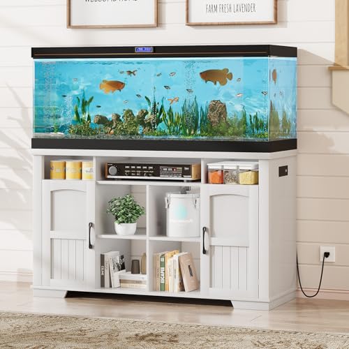 55-75 Gallon Fish Tank Stand, Heavy Duty Aquarium Stand with Power Outlet, 1000LBS Wood Fish Tank Cabinet with Storage Suitable for Turtle Tank, Reptile Terrarium, for Home Office - color: White