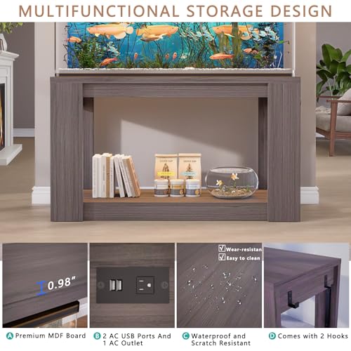 Farmhouse 75–120 Gallon Aquarium Stand for Fish or Reptile Tank, 48"x24" Tabletop Terrarium Stand with Power Outlet and Storage Shelves, Natural Brown Fish Tank Stand, 1500LBS Capacity,Gray Wood