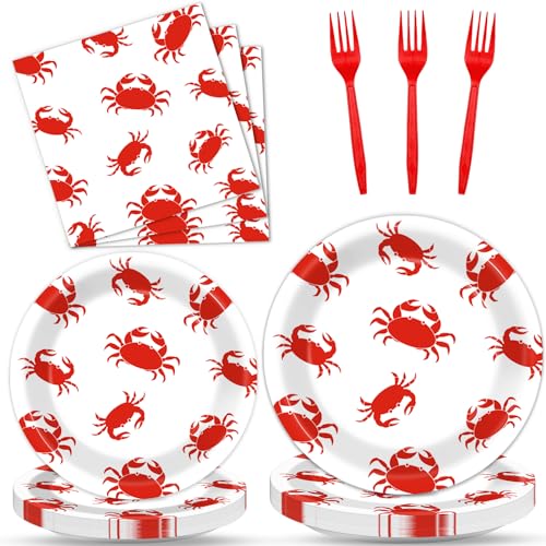 Qyeahkj 100 Pcs Crab Party Decoration Set - Paper Plate Napkin Fork Set for Summer Crab Dinnerware Tableware Supplies - Serves 25 - style: Crab